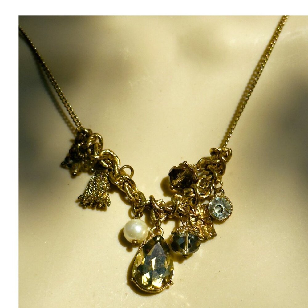 Vintage Gold Charmed Necklace With Crystals, Faux Pearls and Tassel 30” Long - Picture 5 of 8
